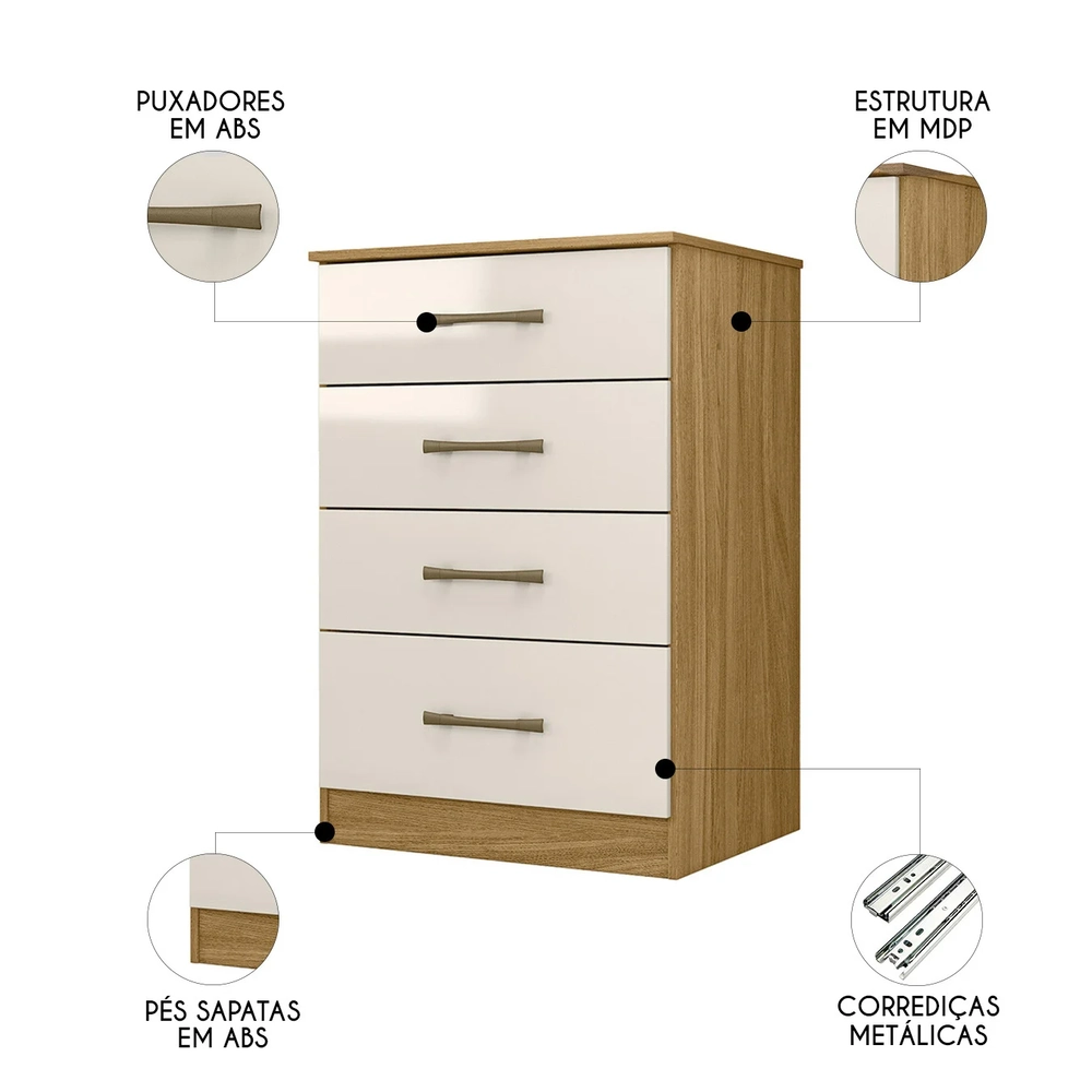 Cômoda Para Quarto 61cm Com 4 Gavetas Miriad Freijó/Off Z17  - Mpozenato