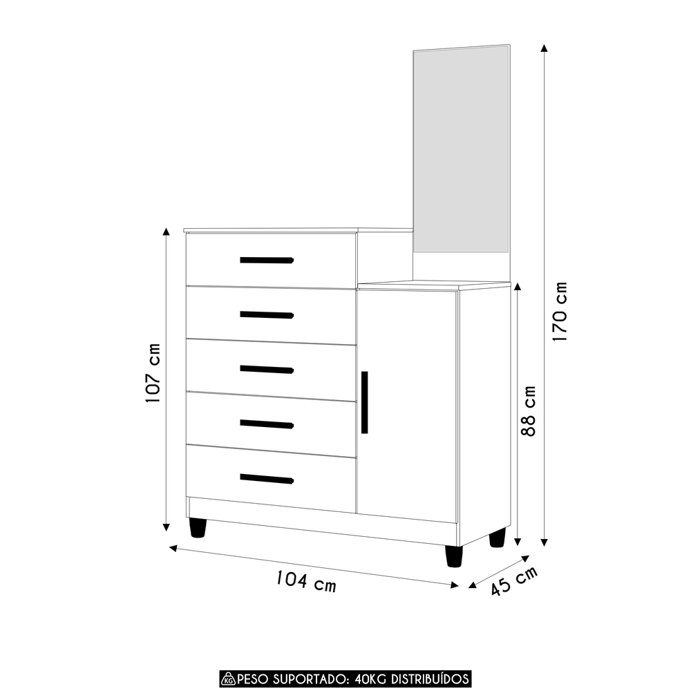 Cômoda Para Quarto 104cm Com Espelho Kyra Castanho Wood/Off Z17 - Mpozenato