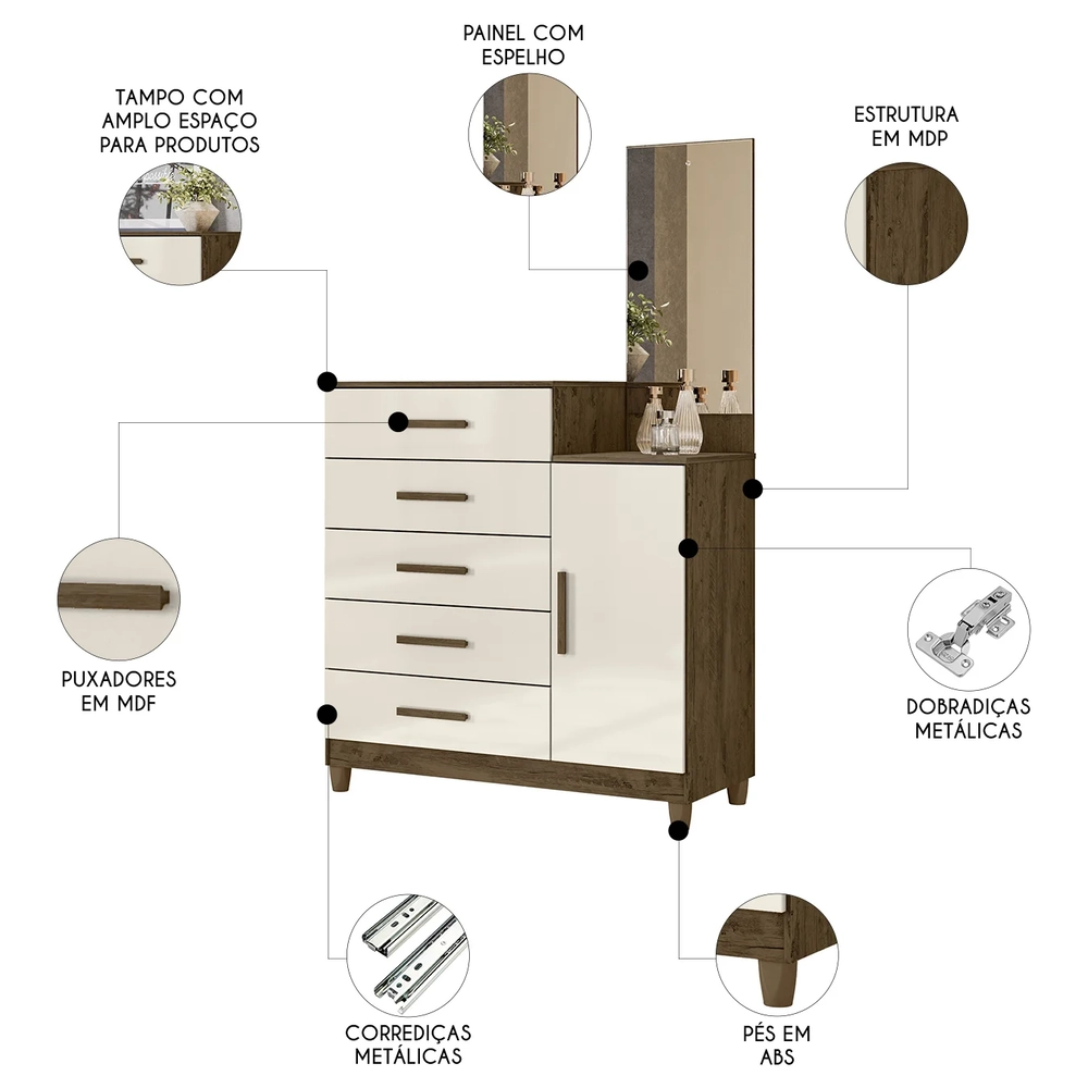 Cômoda Para Quarto 104cm Com Espelho Kyra Castanho Wood/Off Z17 - Mpozenato