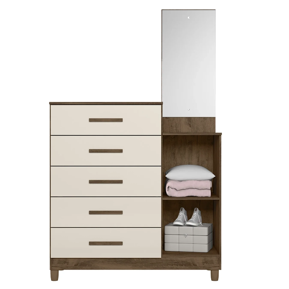 Cômoda Para Quarto 104cm Com Espelho Kyra Castanho Wood/Off Z17 - Mpozenato