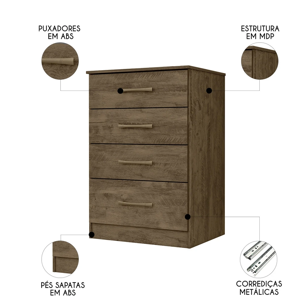 Cômoda Para Quarto 61cm Com 4 Gavetas Miriad Castanho Wood Z17 - Mpozenato