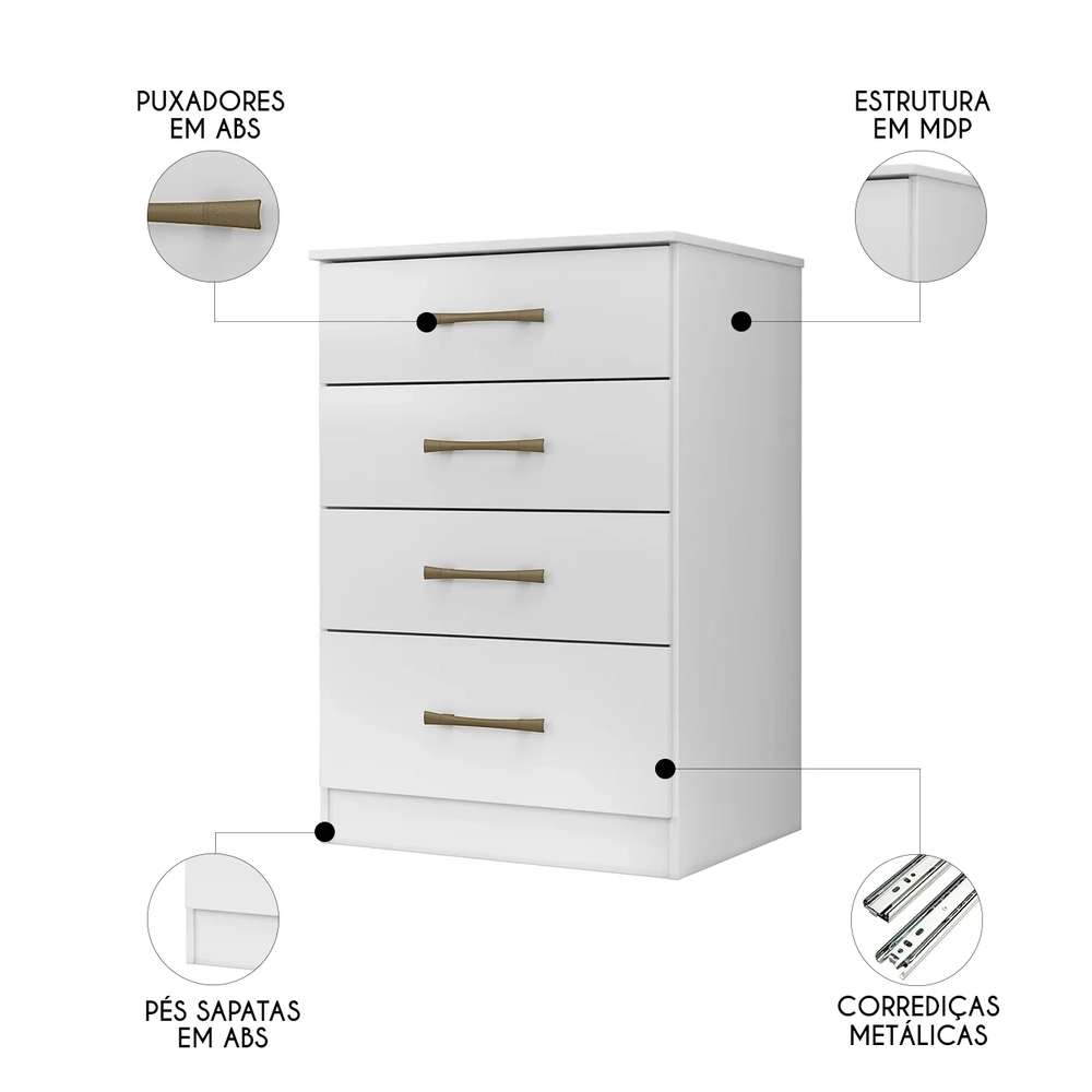 Cômoda Para Quarto 61cm Com 4 Gavetas Miriad Branco Z17      - Mpozenato