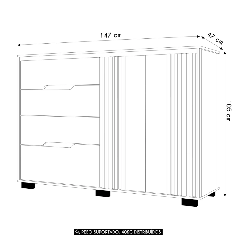 Cômoda Para Quarto 147cm Com 4 Gavetas Rusk Carvalho/Fendi Z17 - Mpozenato