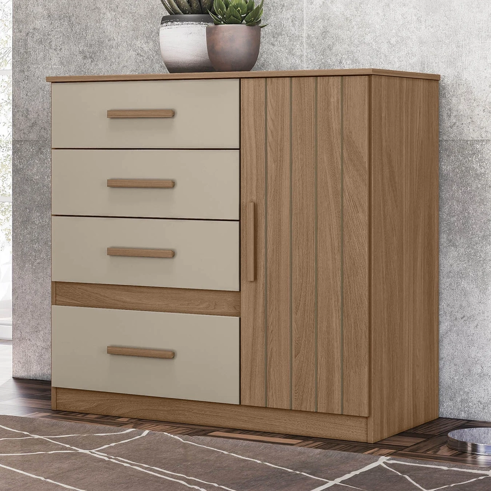 Cômoda Para Quarto 98cm Com 4 Gavetas Baco Carvalho/Fendi Z17 - Mpozenato