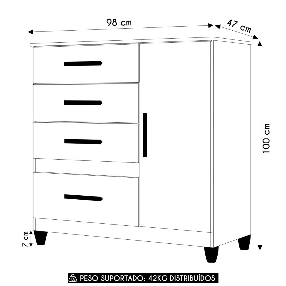 Cômoda Para Quarto 98cm Com 4 Gavetas Baco Carvalho/Fendi Z17 - Mpozenato
