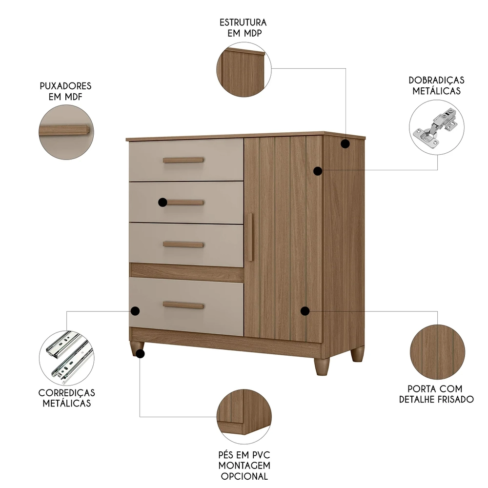 Cômoda Para Quarto 98cm Com 4 Gavetas Baco Carvalho/Fendi Z17 - Mpozenato