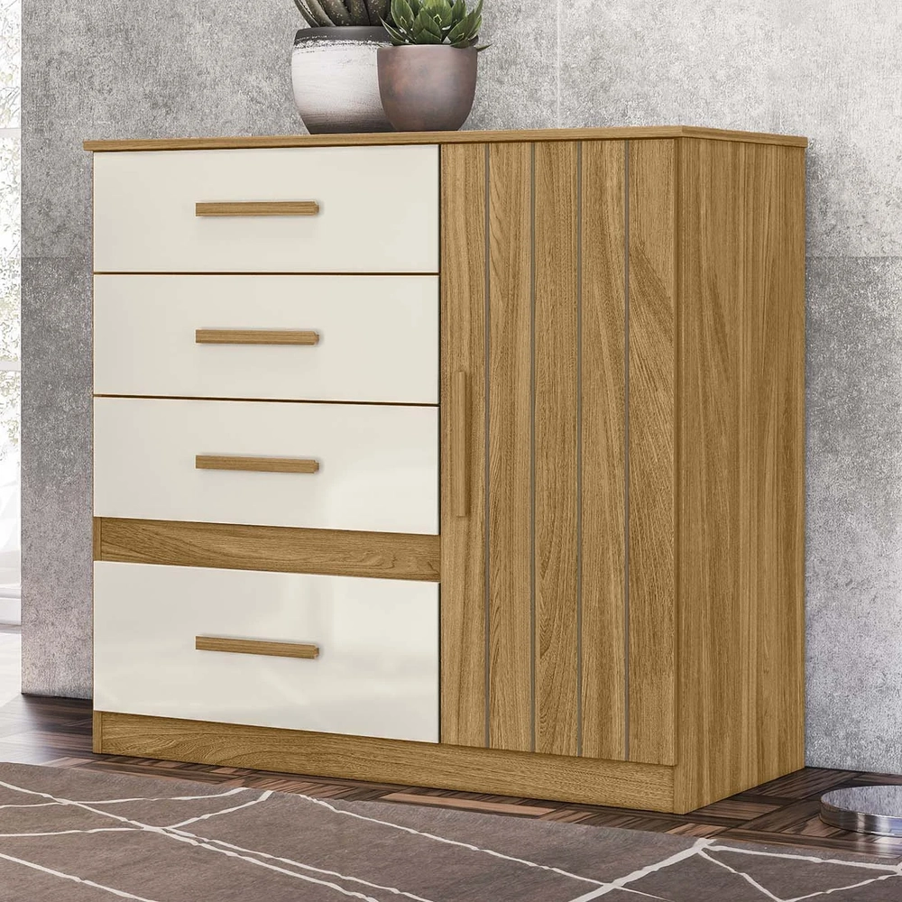 Cômoda Para Quarto 98cm Com 4 Gavetas Baco Freijo/Off Z17    - Mpozenato