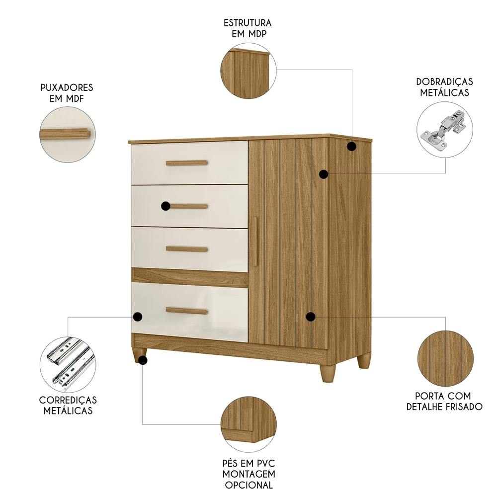 Cômoda Para Quarto 98cm Com 4 Gavetas Baco Freijo/Off Z17    - Mpozenato