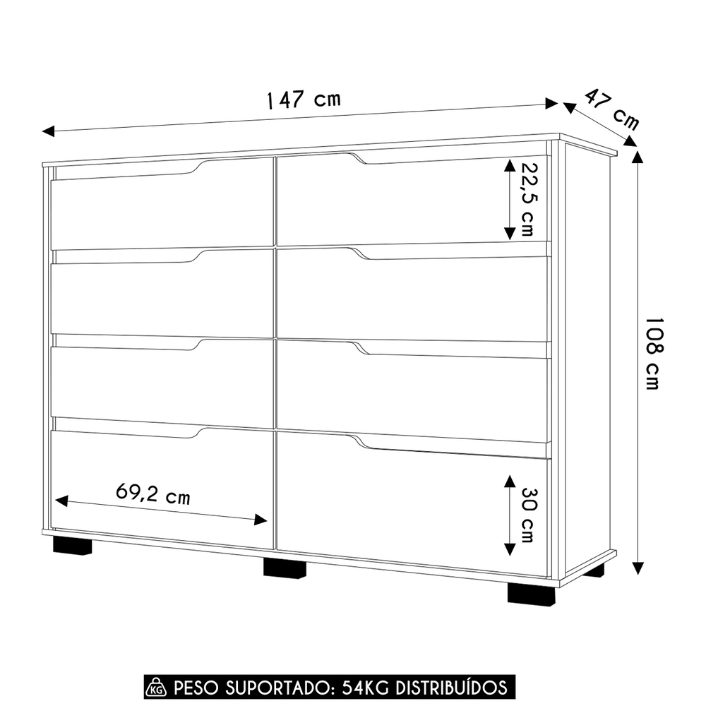 Cômoda Para Quarto 147cm Com 8 Gavetas Parma Carvalho/Fendi Z17 - Mpozenato