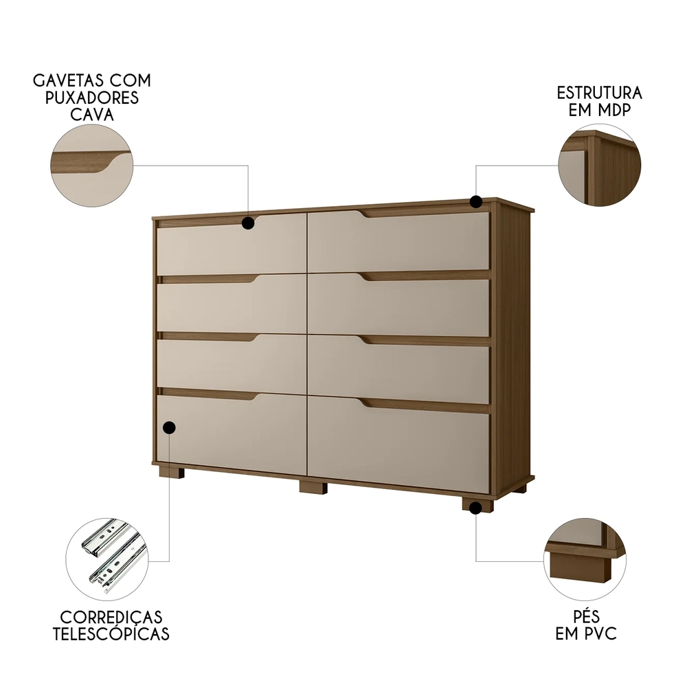 Cômoda Para Quarto 147cm Com 8 Gavetas Parma Carvalho/Fendi Z17 - Mpozenato