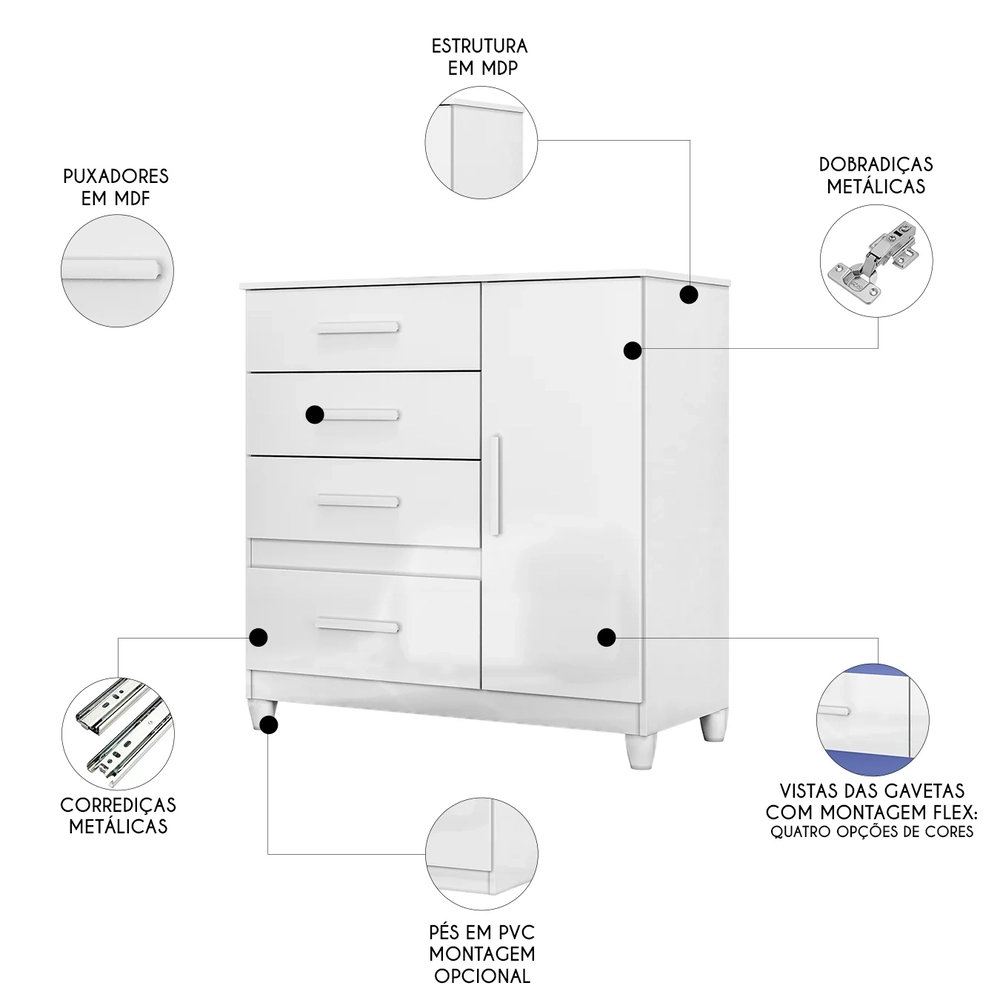 Cômoda Para Quarto 98cm Com 4 Gavetas Baco Flex Branco Z17   - Mpozenato