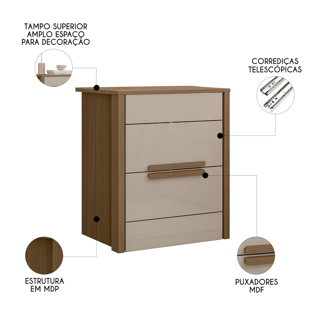 Mesa de Cabeceira 51cm 2 Gavetas Lara Carvalho/Fendi Z17     - Mpozenato