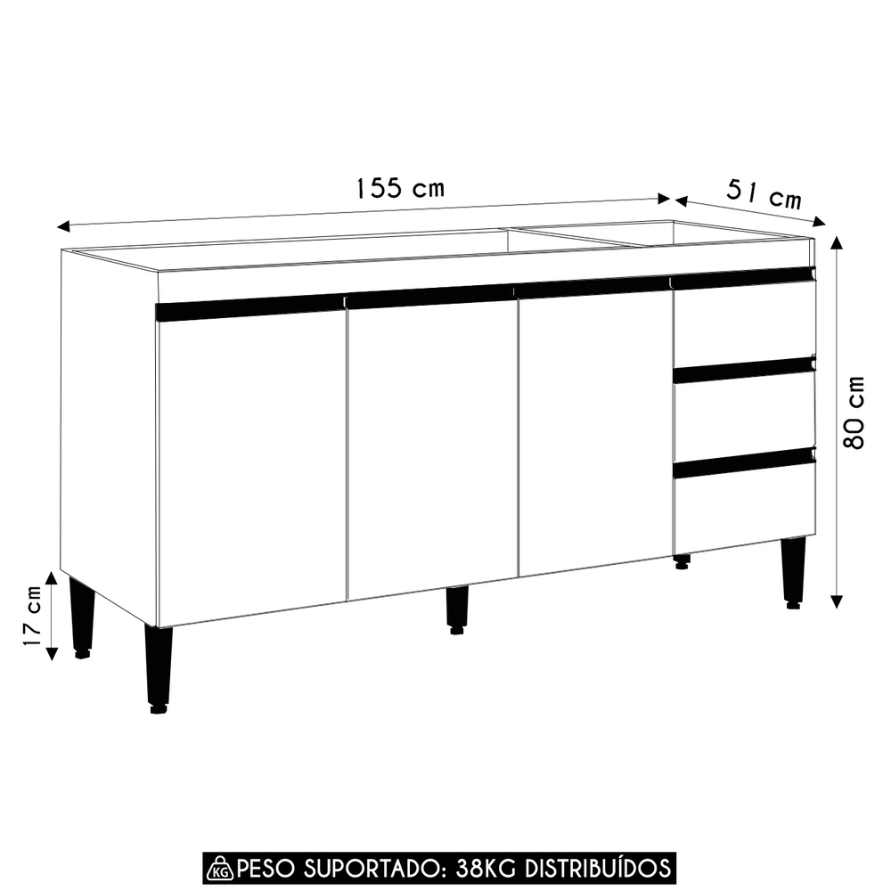 Balcão de Cozinha Para Pia 160cm Andréia Amêndoa/Branco     - AJL Móveis