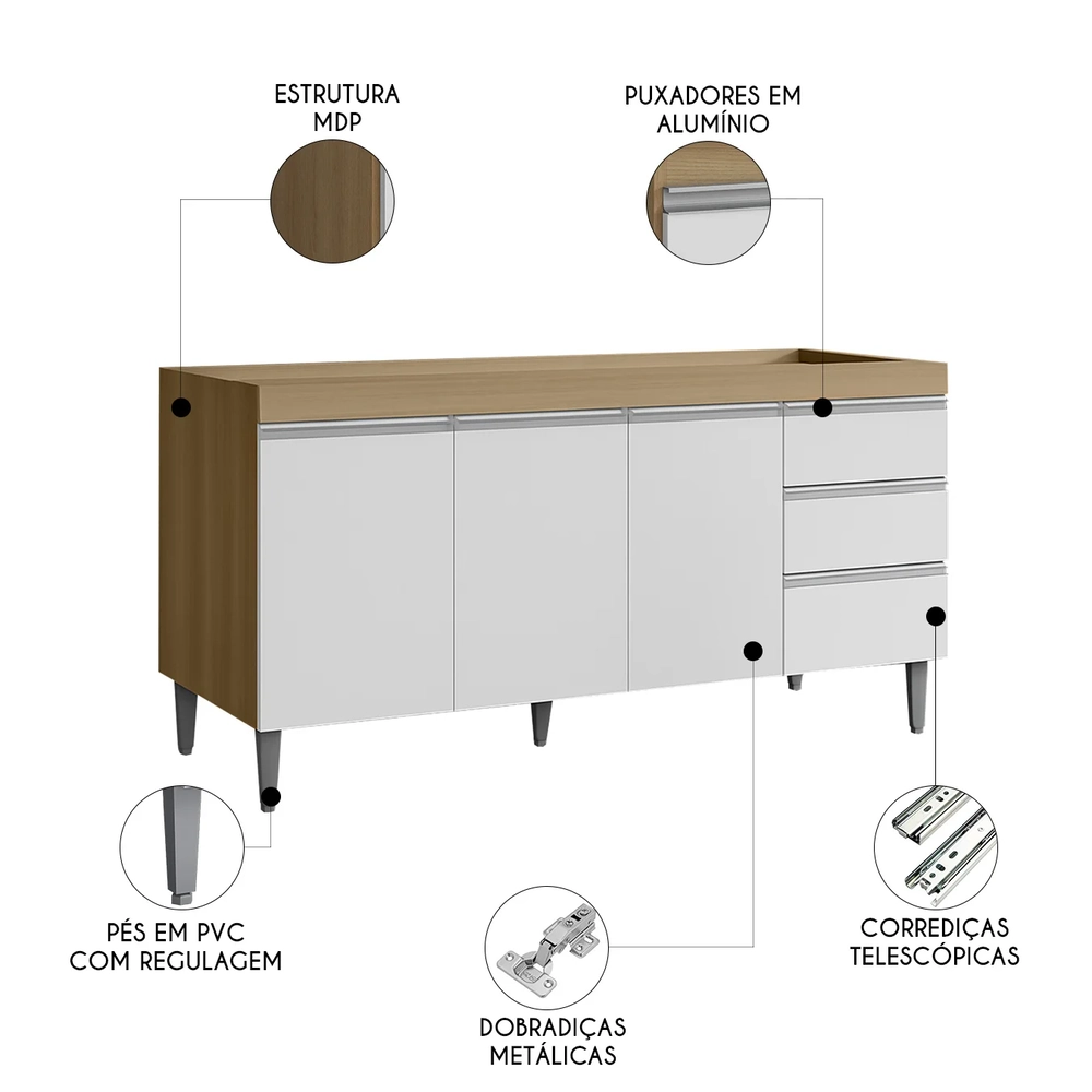 Balcão de Cozinha Para Pia 160cm Andréia Amêndoa/Branco     - AJL Móveis