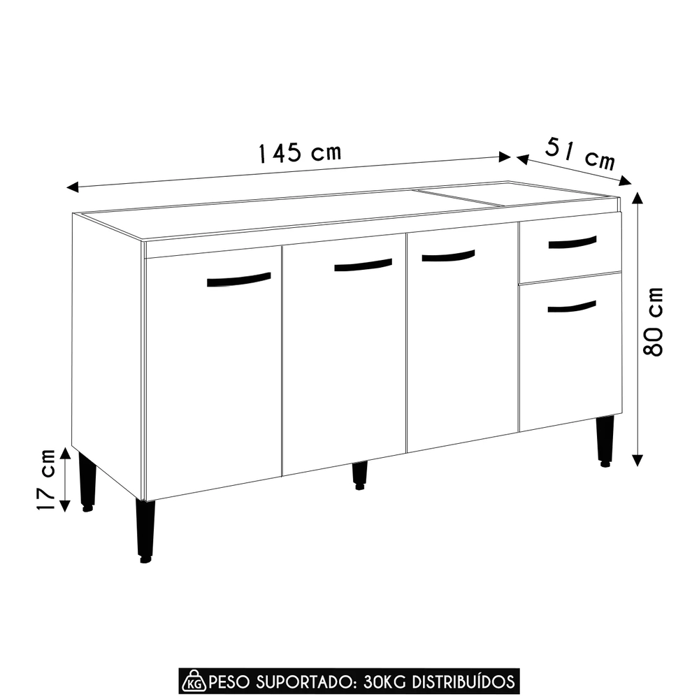 Balcão de Cozinha Para Pia 150cm Gabriela Amêndoa/Branco    - AJL Móveis