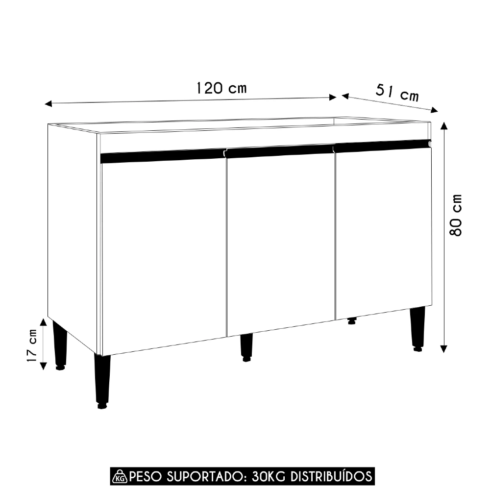 Balcão de Cozinha Para Pia 120cm 3 Portas Manu Amêndoa/Branco - AJL Móveis
