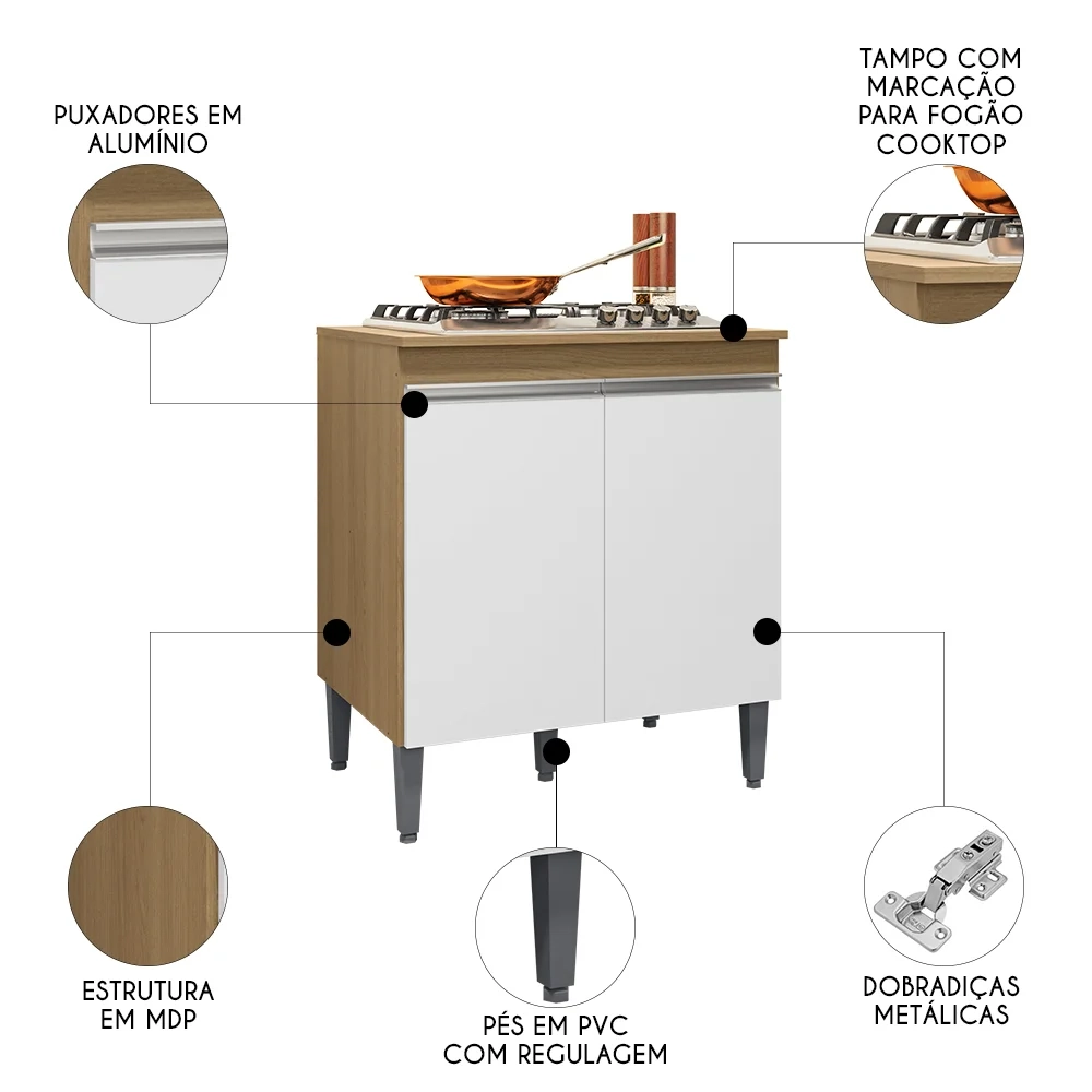 Balcão de Cozinha Para Cooktop 79cm Andréia Amêndoa/Branco   - AJL Móveis