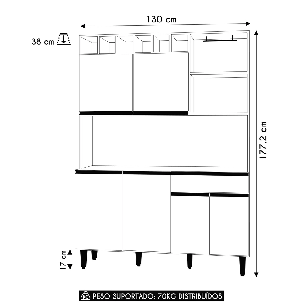 Armário de Cozinha Compacta 130cm 6 Portas Alice Amêndoa/Branco - AJL Móveis