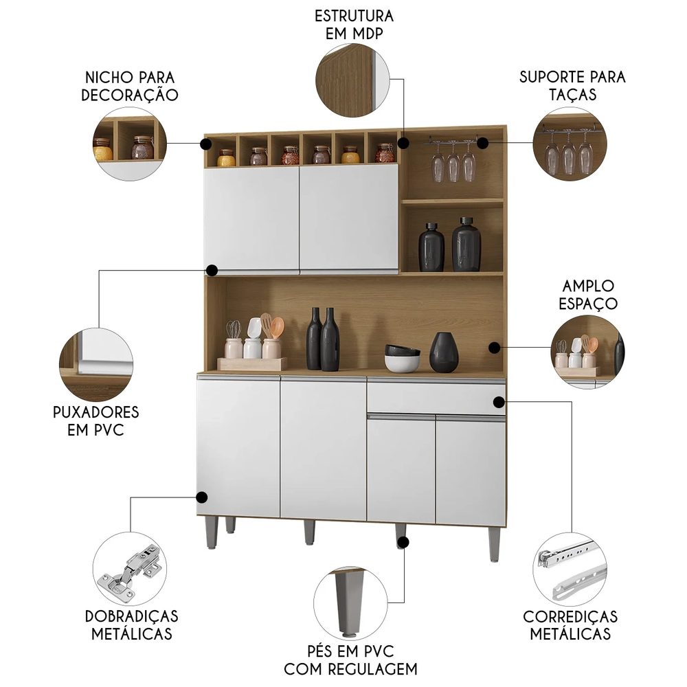 Armário de Cozinha Compacta 130cm 6 Portas Alice Amêndoa/Branco - AJL Móveis