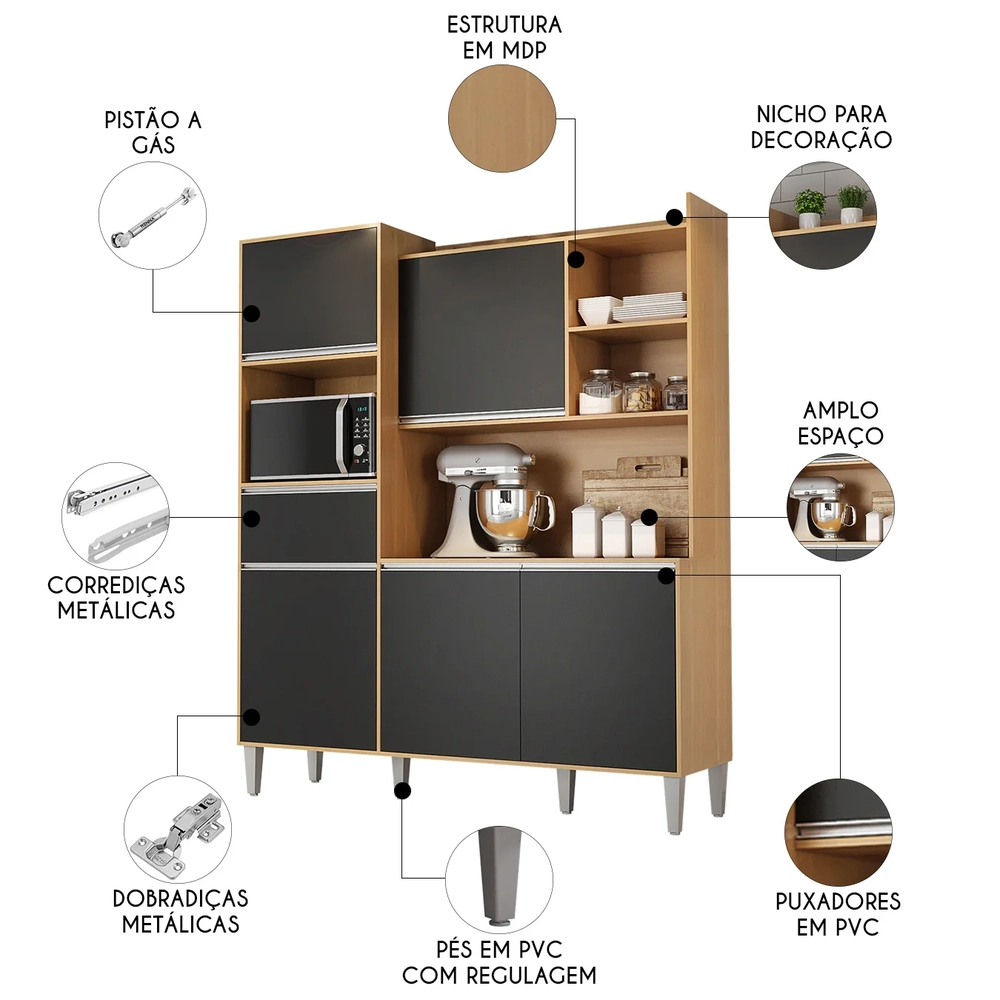 Armário de Cozinha Compacta 160cm 5 Portas Isabel Amêndoa/Preto - AJL Móveis