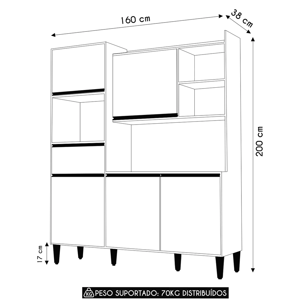 Armário de Cozinha Compacta 160cm 5 Portas Isabel Amêndoa/Preto - AJL Móveis