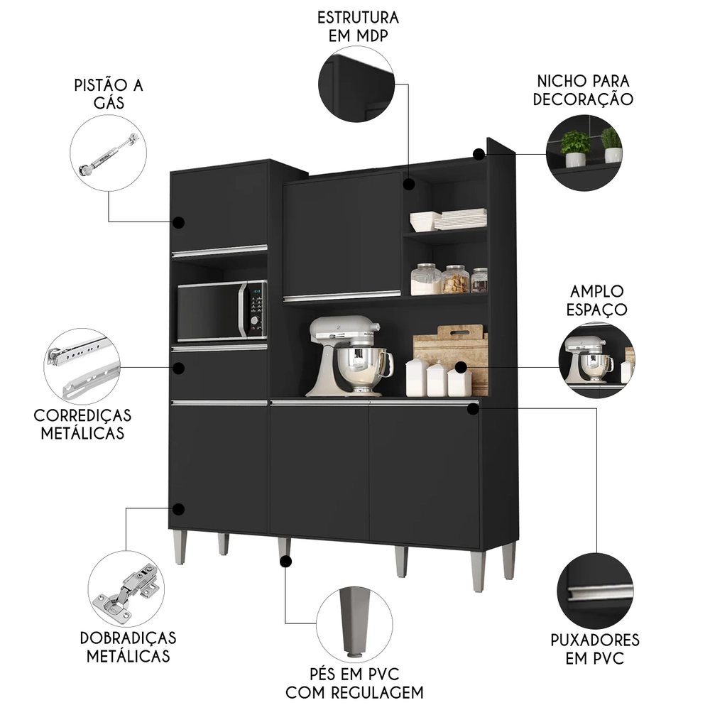 Armário de Cozinha Compacta 160cm 5 Portas Isabel Preto     - AJL Móveis