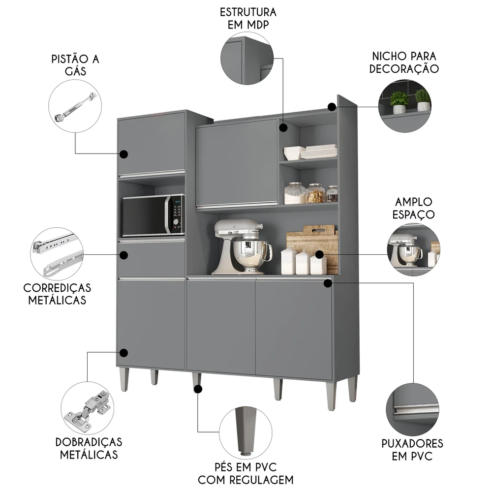 Armário de Cozinha Compacta 160cm 5 Portas Isabel Cinza     - AJL Móveis