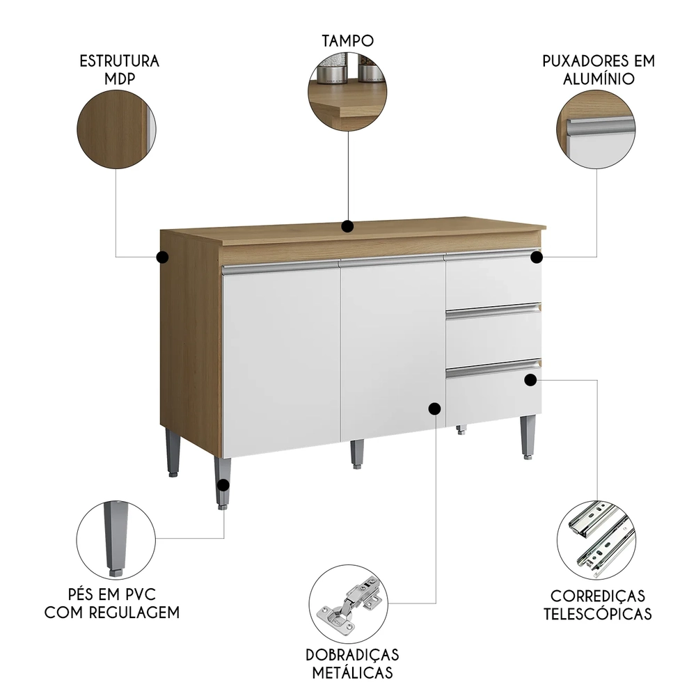 Balcão de Cozinha com Tampo 120cm Andréia Amêndoa/Branco    - AJL Móveis