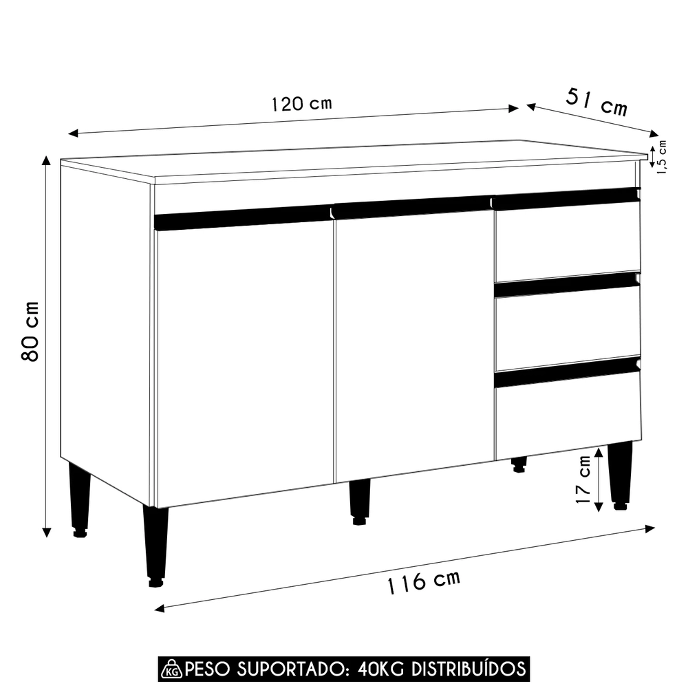 Balcão de Cozinha com Tampo 120cm Andréia Amêndoa/Branco    - AJL Móveis