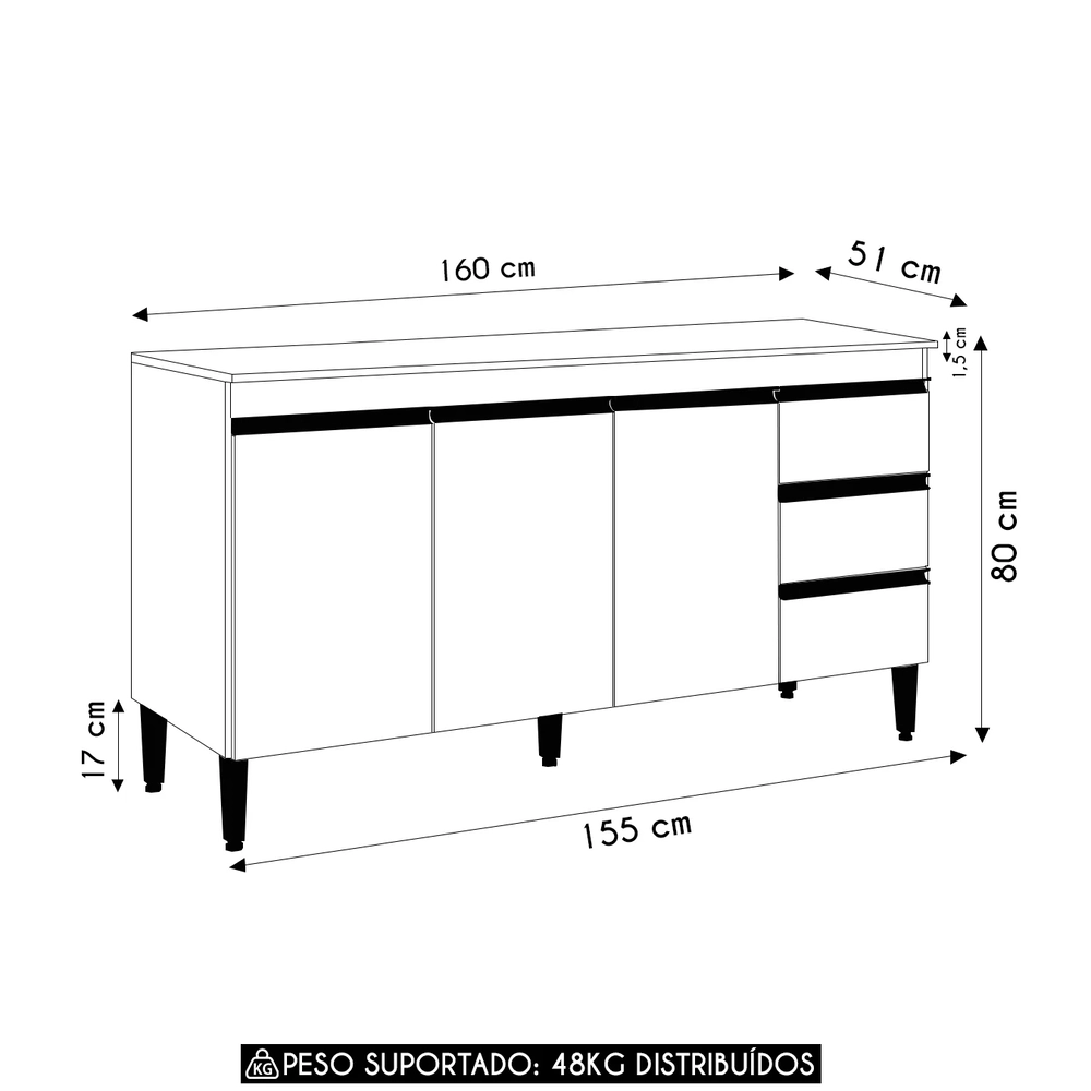 Balcão de Cozinha com Tampo 160cm Andréia Amêndoa/Branco    - AJL Móveis