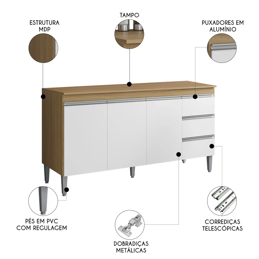 Balcão de Cozinha com Tampo 160cm Andréia Amêndoa/Branco    - AJL Móveis