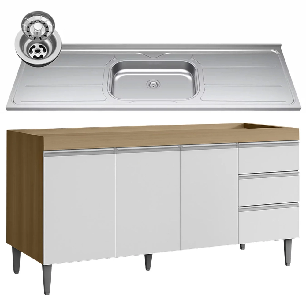 Balcão de Cozinha com Pia Inox 160cm Andréia Amêndoa/Branco - AJL Móveis