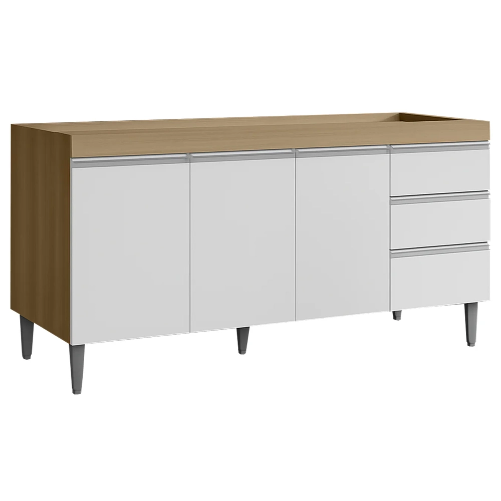 Balcão de Cozinha com Pia Inox 160cm Andréia Amêndoa/Branco - AJL Móveis