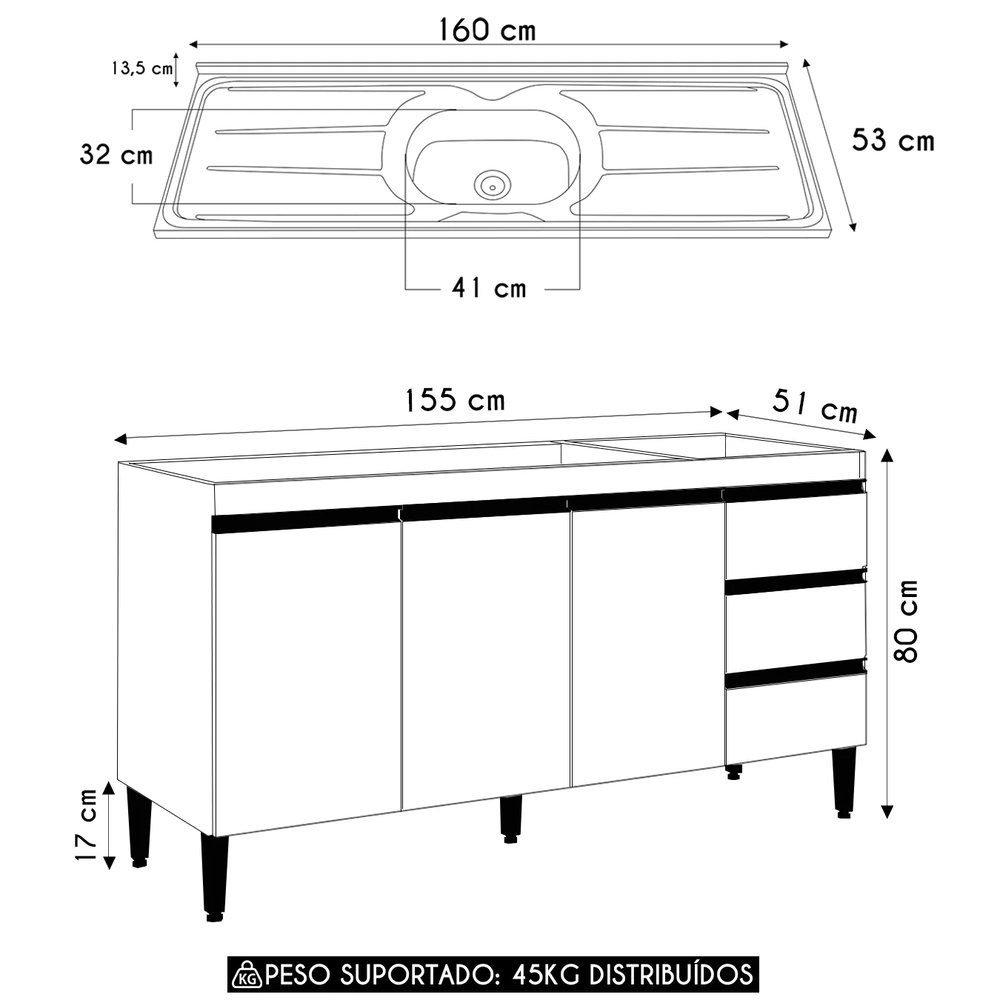 Balcão de Cozinha com Pia Inox 160cm Andréia Amêndoa/Branco - AJL Móveis