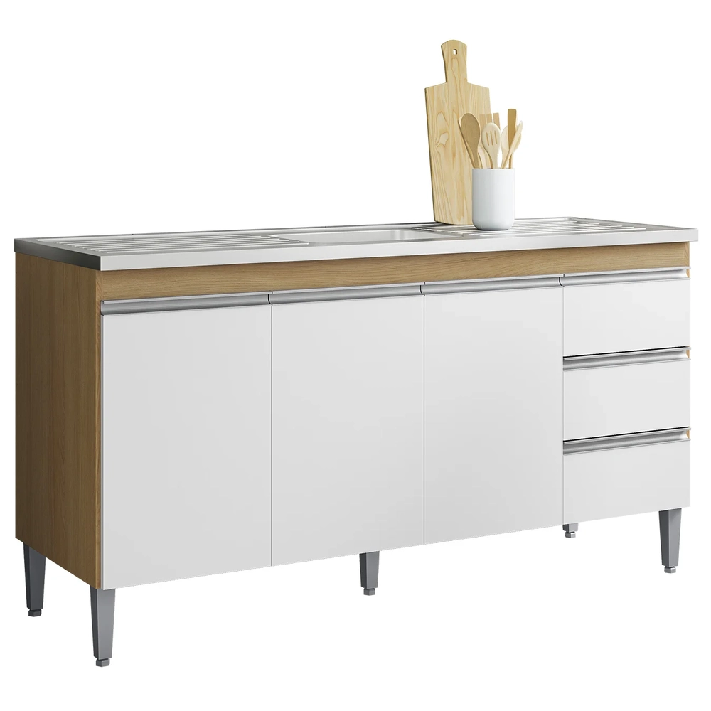 Balcão de Cozinha com Pia Inox 160cm Andréia Amêndoa/Branco - AJL Móveis