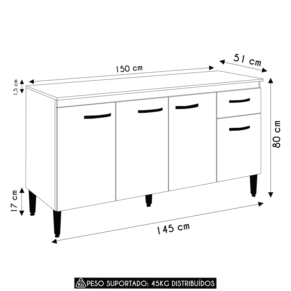 Balcão de Cozinha com Tampo 150cm Gabriela Amêndoa/Branco   - AJL Móveis