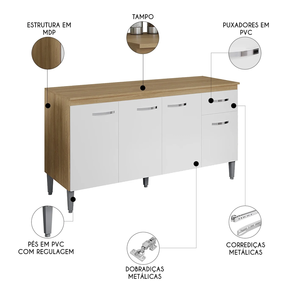 Balcão de Cozinha com Tampo 150cm Gabriela Amêndoa/Branco   - AJL Móveis