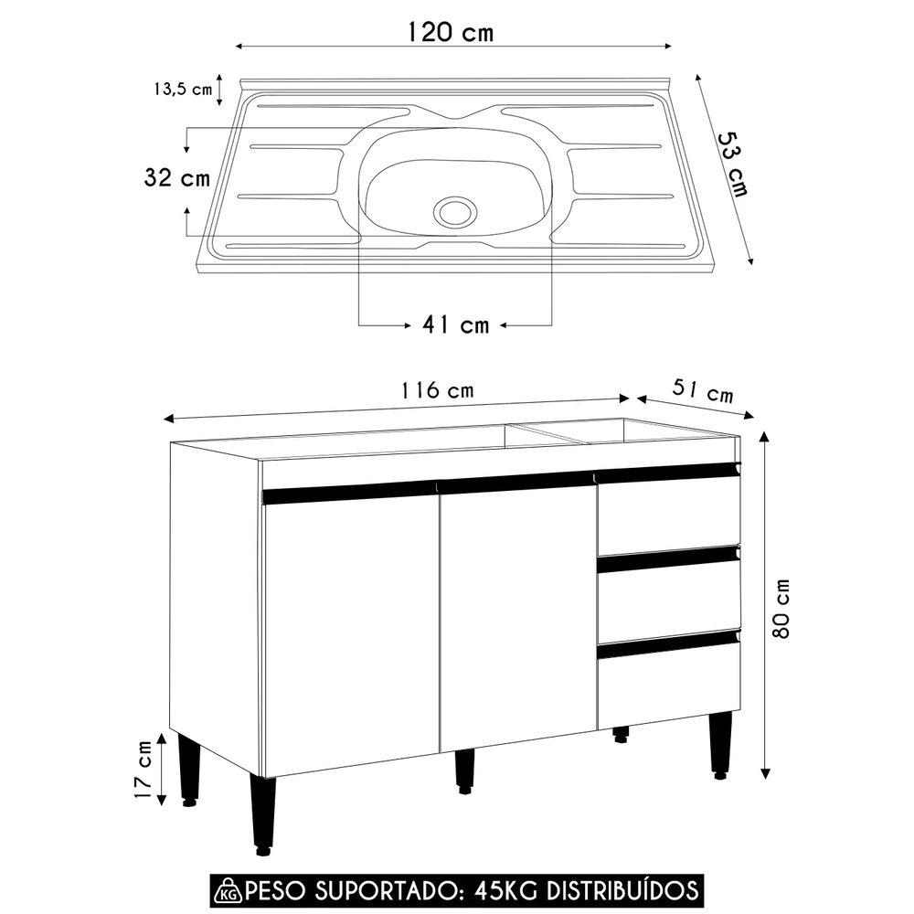 Balcão de Cozinha com Pia Inox 120cm Andréia Amêndoa/Branco - AJL Móveis