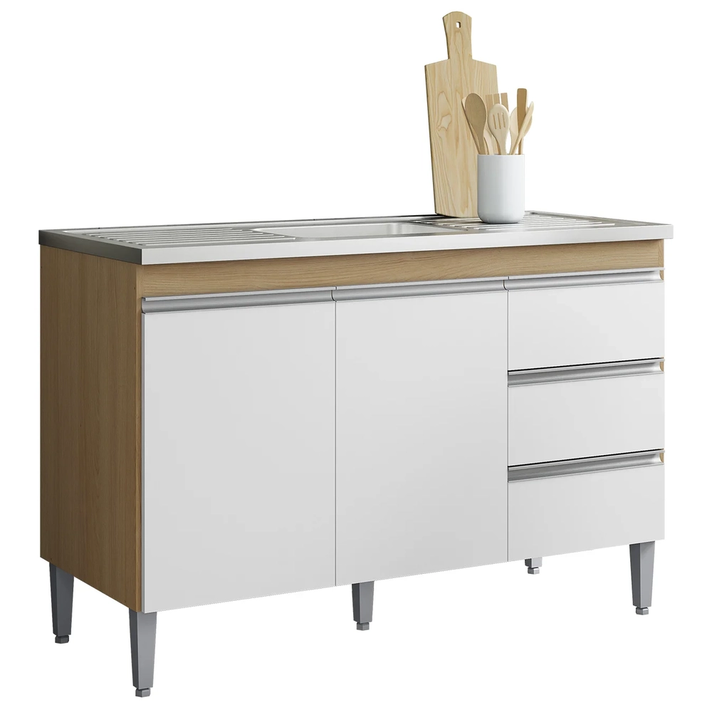 Balcão de Cozinha com Pia Inox 120cm Andréia Amêndoa/Branco - AJL Móveis