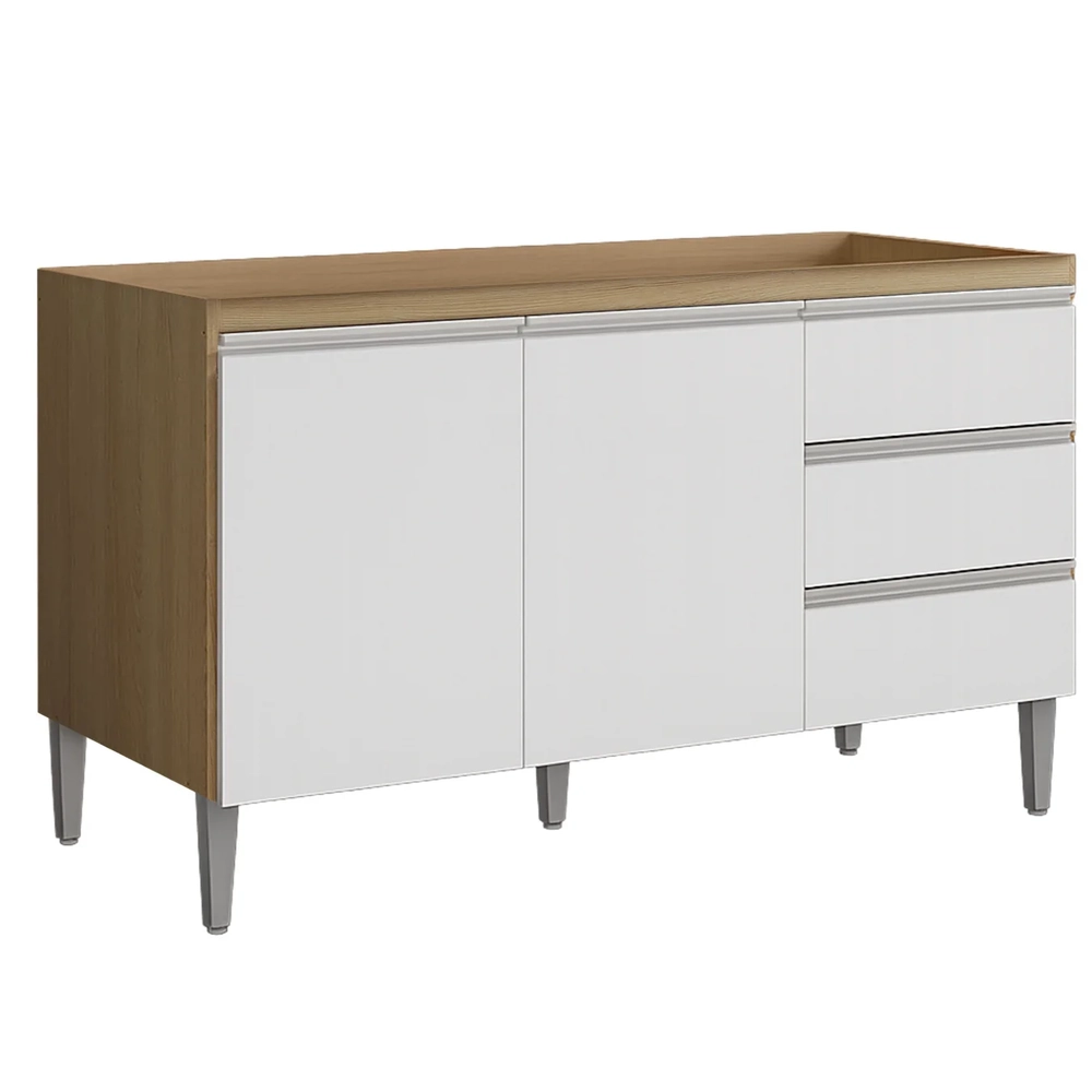 Balcão de Cozinha com Pia Inox 120cm Andréia Amêndoa/Branco - AJL Móveis