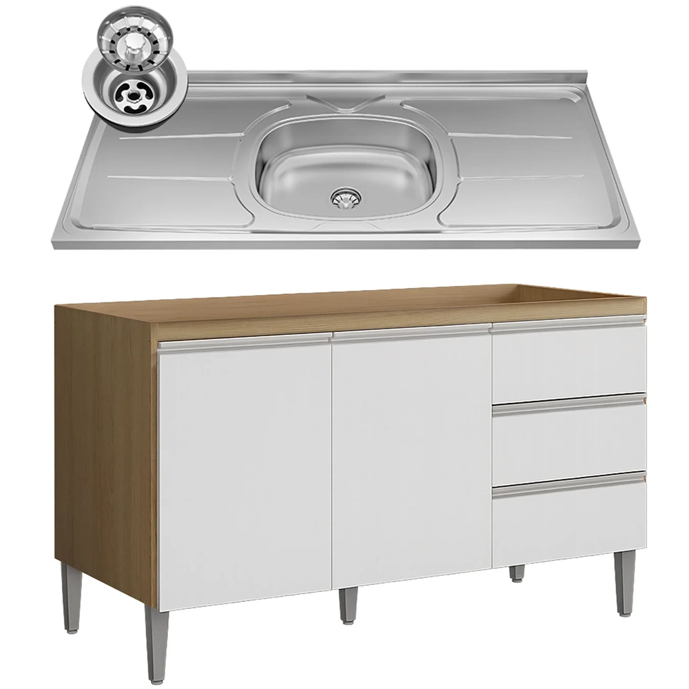 Balcão de Cozinha com Pia Inox 120cm Andréia Amêndoa/Branco - AJL Móveis