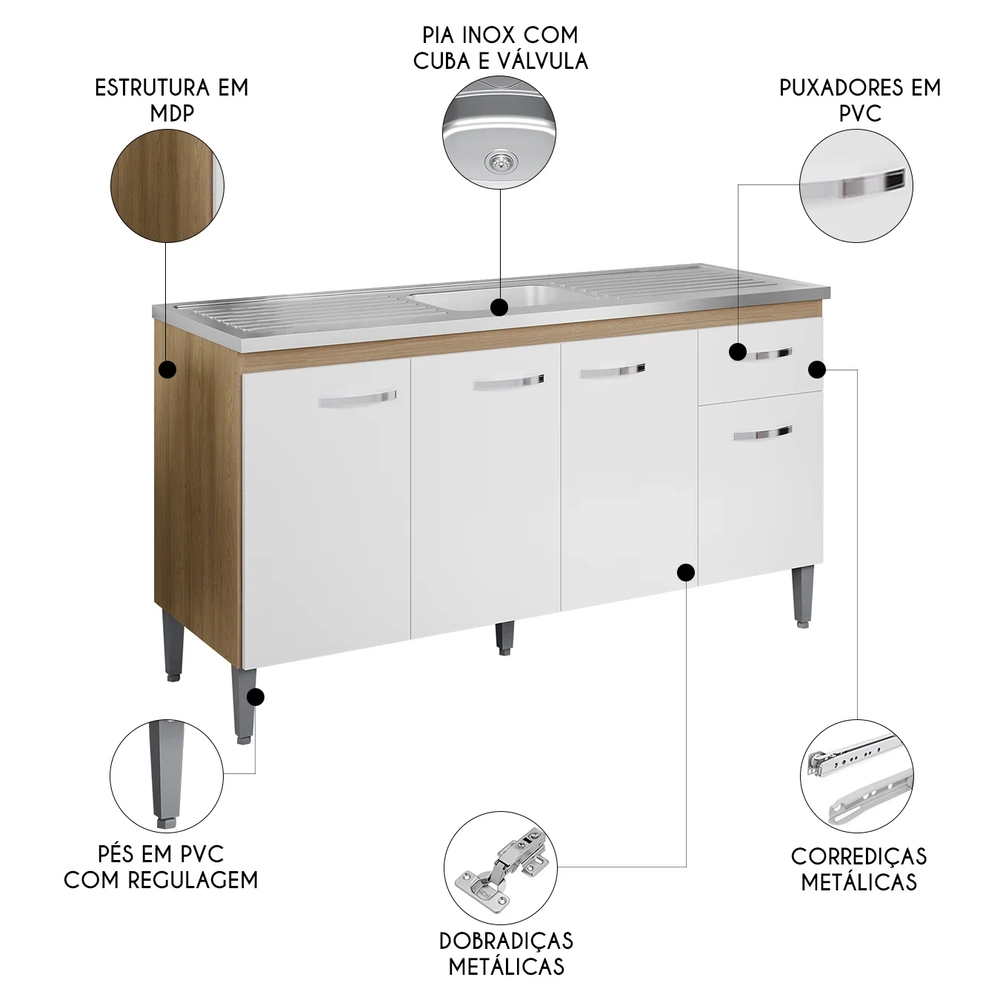 Balcão de Cozinha com Pia Inox 150cm Gabriela Amêndoa/Branco - AJL Móveis