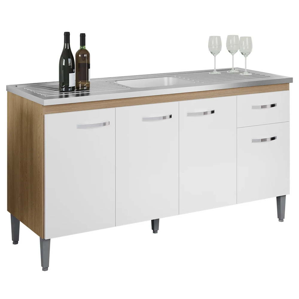 Balcão de Cozinha com Pia Inox 150cm Gabriela Amêndoa/Branco - AJL Móveis