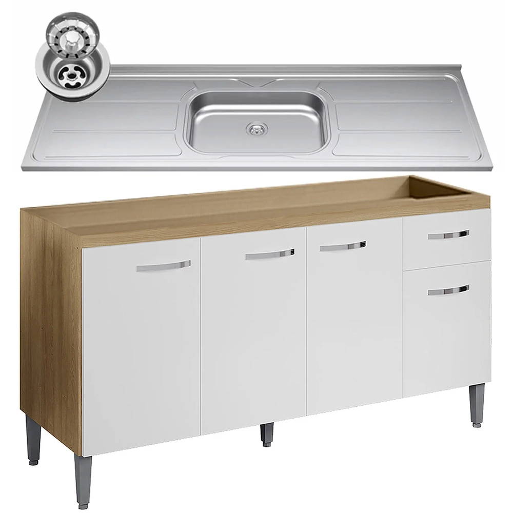 Balcão de Cozinha com Pia Inox 150cm Gabriela Amêndoa/Branco - AJL Móveis