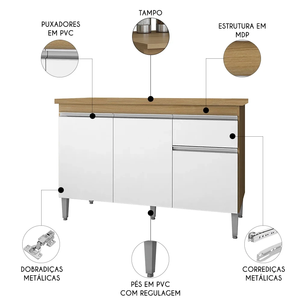Balcão de Cozinha com Tampo 120cm Tatiane Amêndoa/Branco    - AJL Móveis