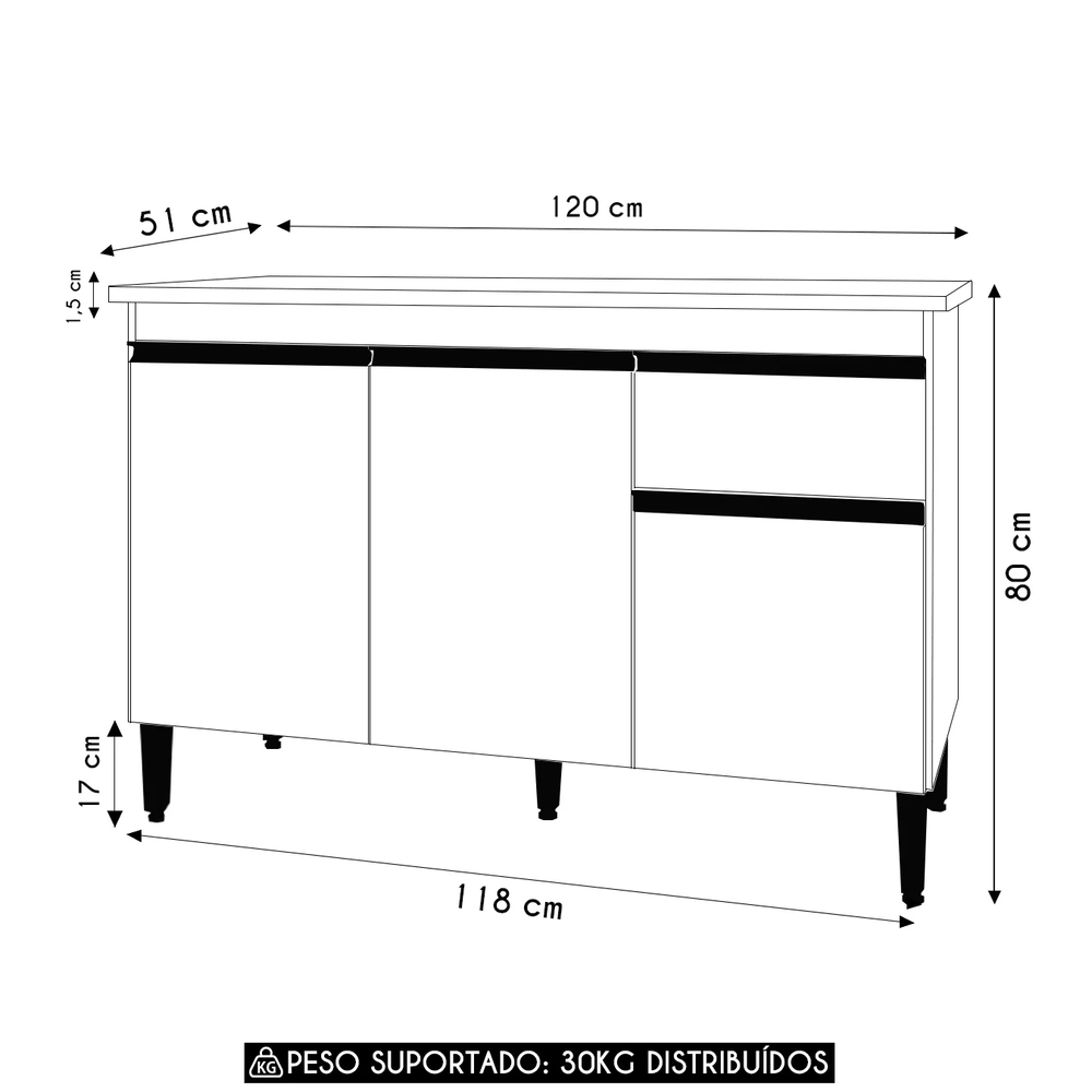 Balcão de Cozinha com Tampo 120cm Tatiane Amêndoa/Branco    - AJL Móveis