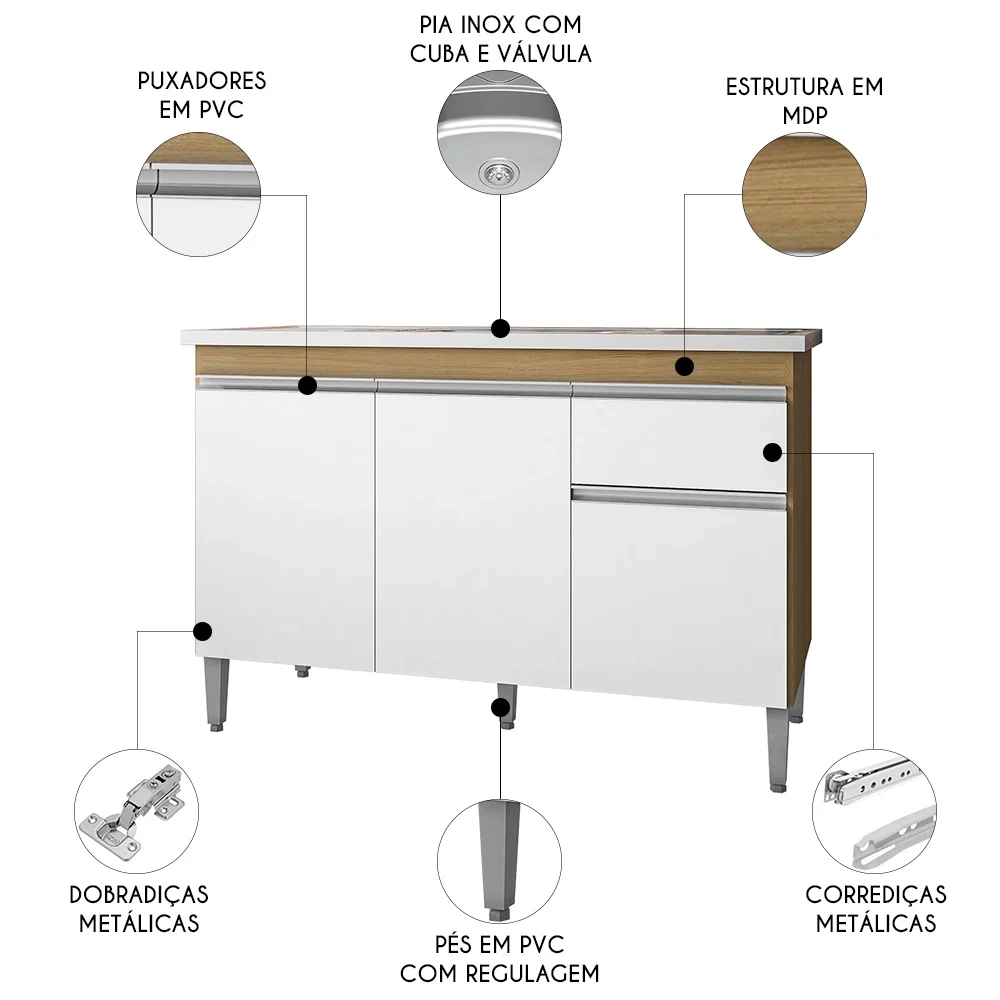Balcão de Cozinha com Pia Inox 120cm Tatiane Amêndoa/Branco - AJL Móveis