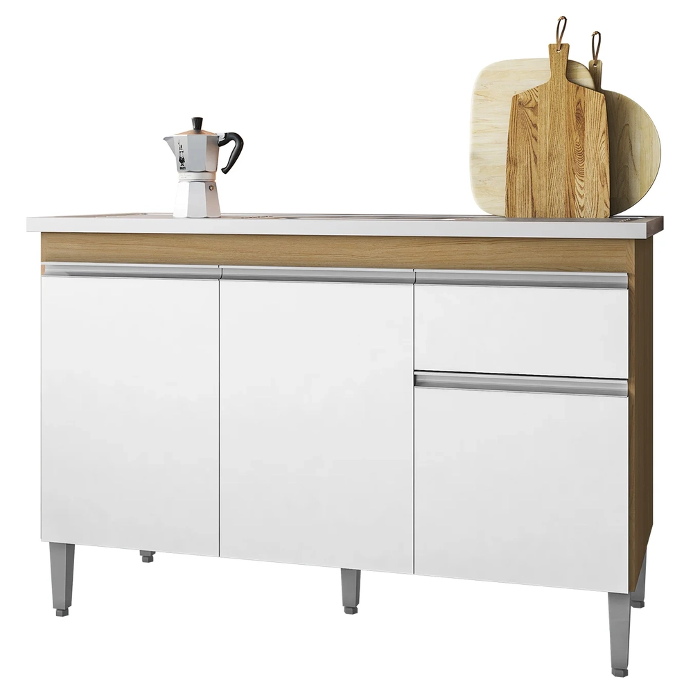 Balcão de Cozinha com Pia Inox 120cm Tatiane Amêndoa/Branco - AJL Móveis