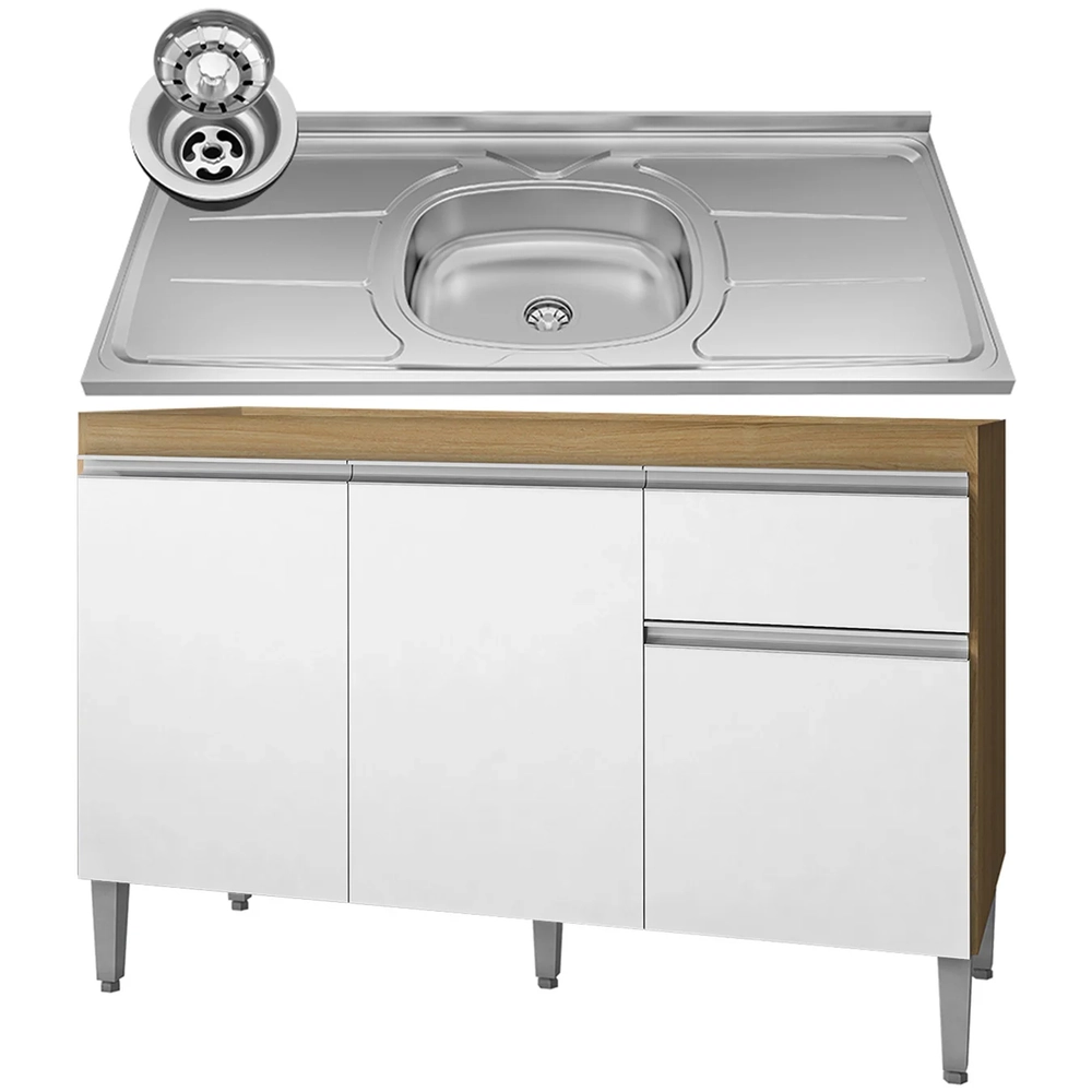 Balcão de Cozinha com Pia Inox 120cm Tatiane Amêndoa/Branco - AJL Móveis