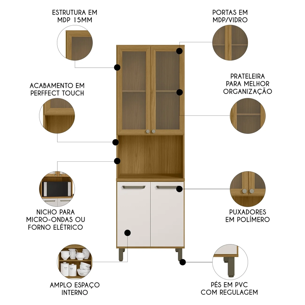 Paneleiro Cristaleira 4 Portas Rita Freijó/Off Acetinado Z44 - Mpozenato